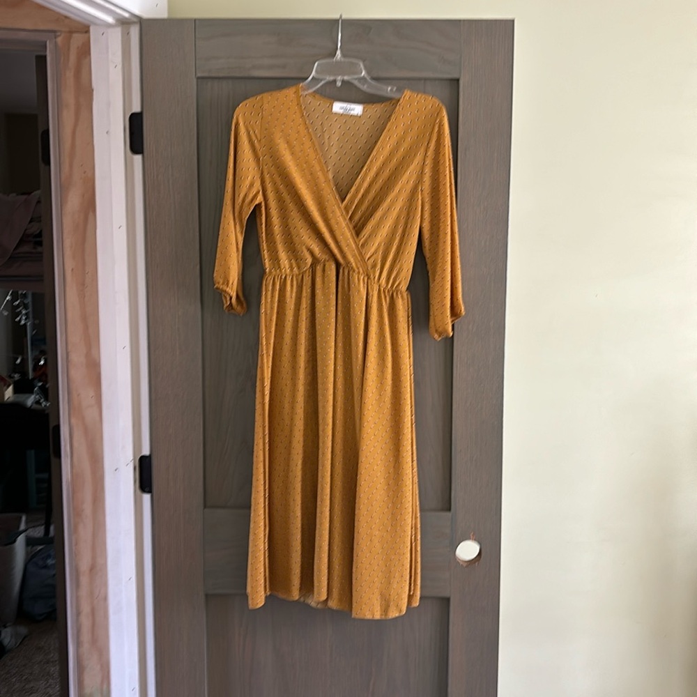 CJLA EUC size small mustard polkadot chiffon faux wrap dress
